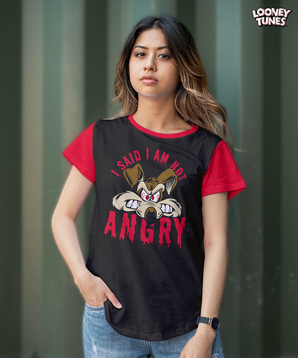 Buy Official Looney Tunes T-shirt for women. Colour Blocked T-shirt for women. Black and Red printed T-shirt for women. Organic Cotton Sustainable fabric T-shirt for women online in India