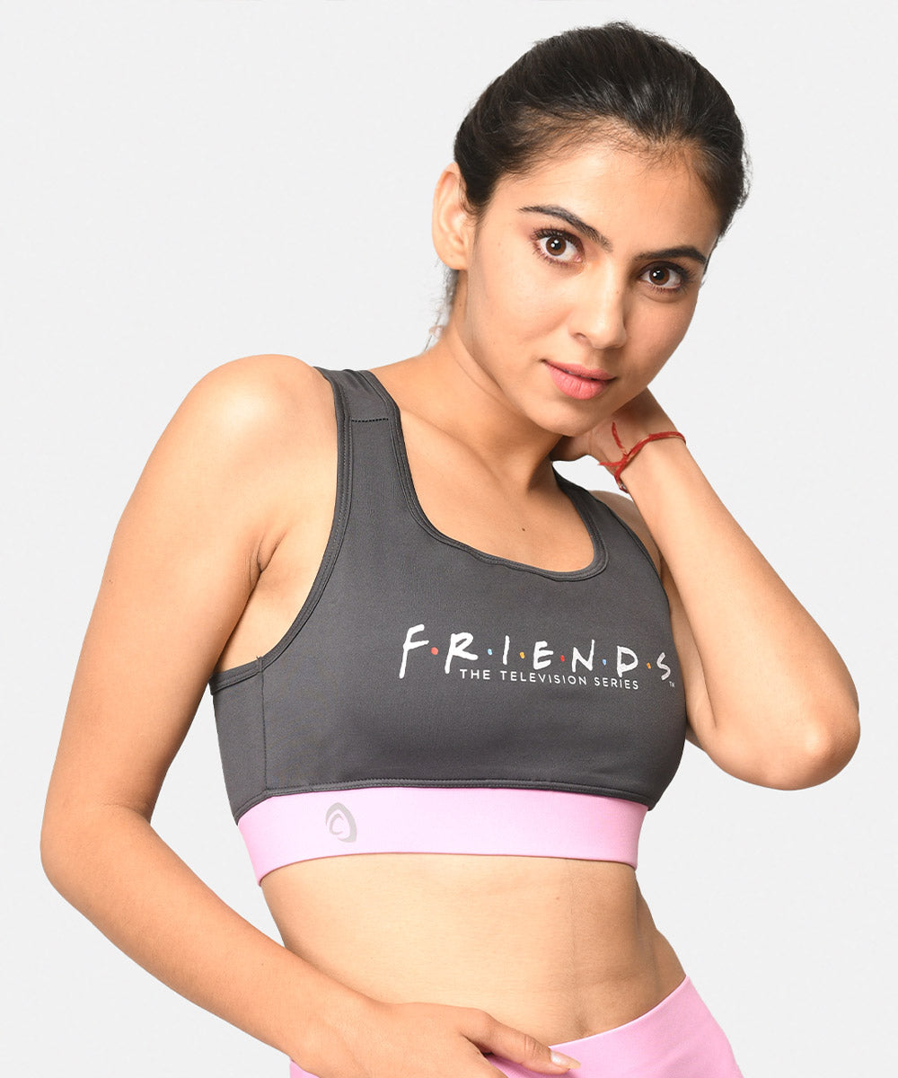 Buy Medium Impact Sports bra for Gym and Yoga online in India at Athlizur. Buy Official Friends Sports bra exclusively at Athlizur. Racerback sports bra with removable pads for girls and women.