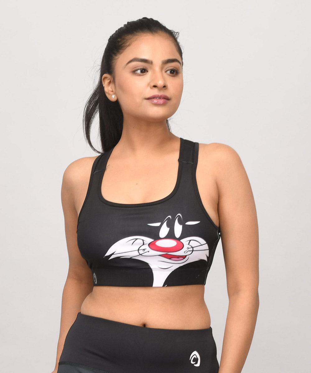 Buy Official Looney Tunes cartoon Sports Bras online at Athlizur. Shop the cute Sylvester Sports bra for girls and women. Black workout bra with removable pads