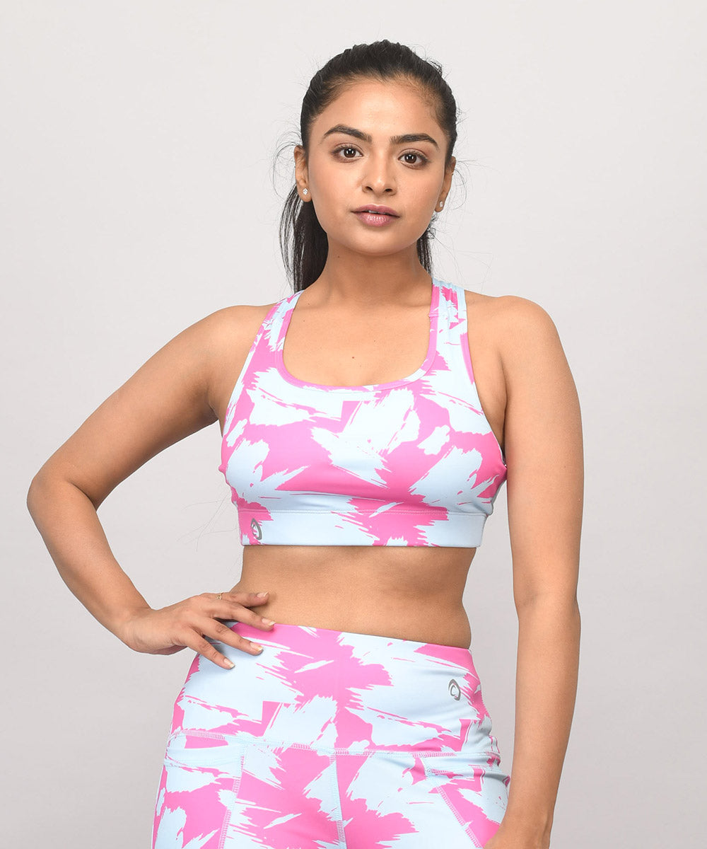Buy padded sports bra for gym and yoga online. Buy Printed Sports bra in pink and blue with removable pads online in India at Athlizur