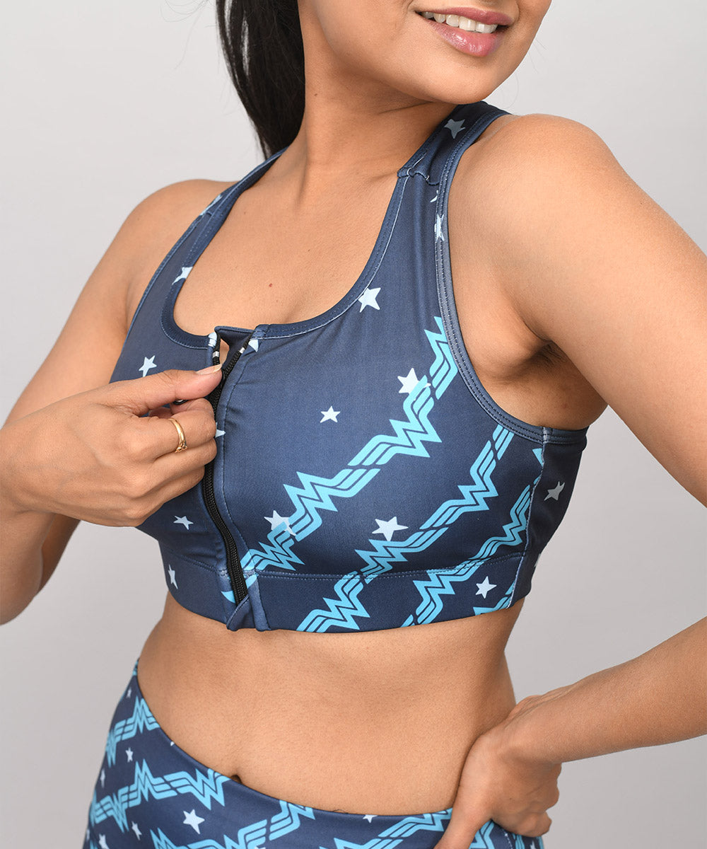 Buy High impact padded sports bra with zipper open for workouts. Buy printed wonder woman sports bra for HIIT workouts