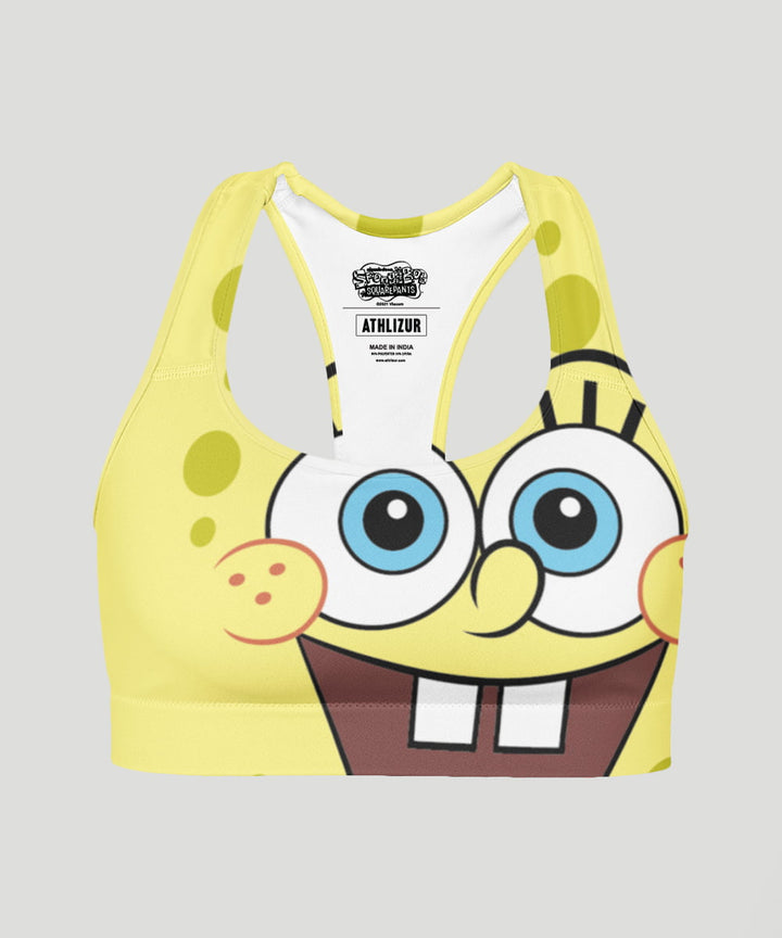 Buy Sports bra for workouts online in India at Athlizur. Shop for the largest collection of Official Sportswear and activewear collection in India. SpongeBob Sports Bra with removable pads. Yellow Sports Bra with cool print design