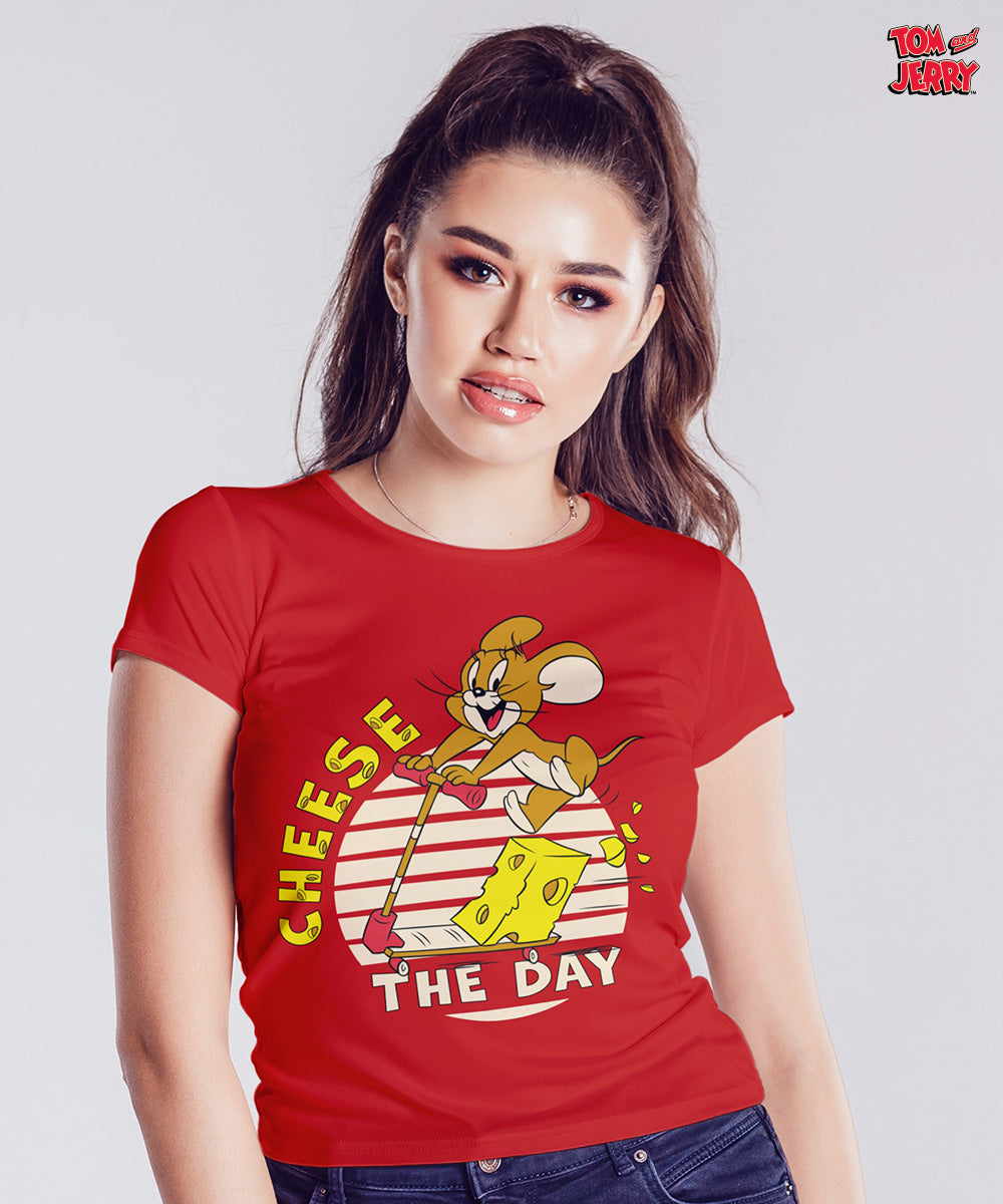 Buy Tom and Jerry T-shirts online in India. Red Organic Cotton T-shirt for women and girls online by Athlizur. Printed Slogan T-shirt for women. Official Tom and Jerry merchandise. Cheese the day t-shirt online by Athlizur