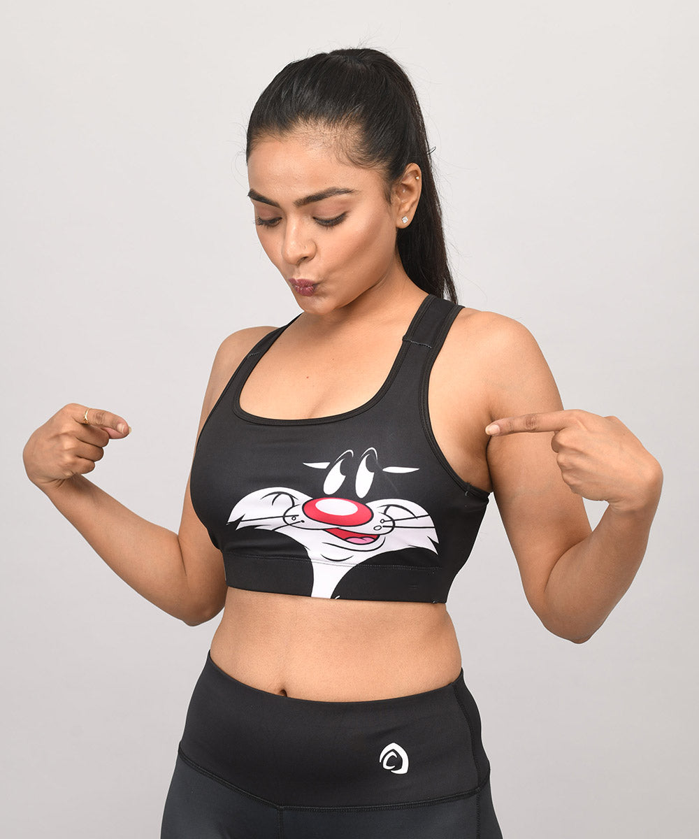 Buy cute cartoon sports bra online at Athlizur. Shop Sylvester Sports bra with removable pads for Gym and Yoga. Shop the largest collection of printed Yoga Bra and Gym Bra online