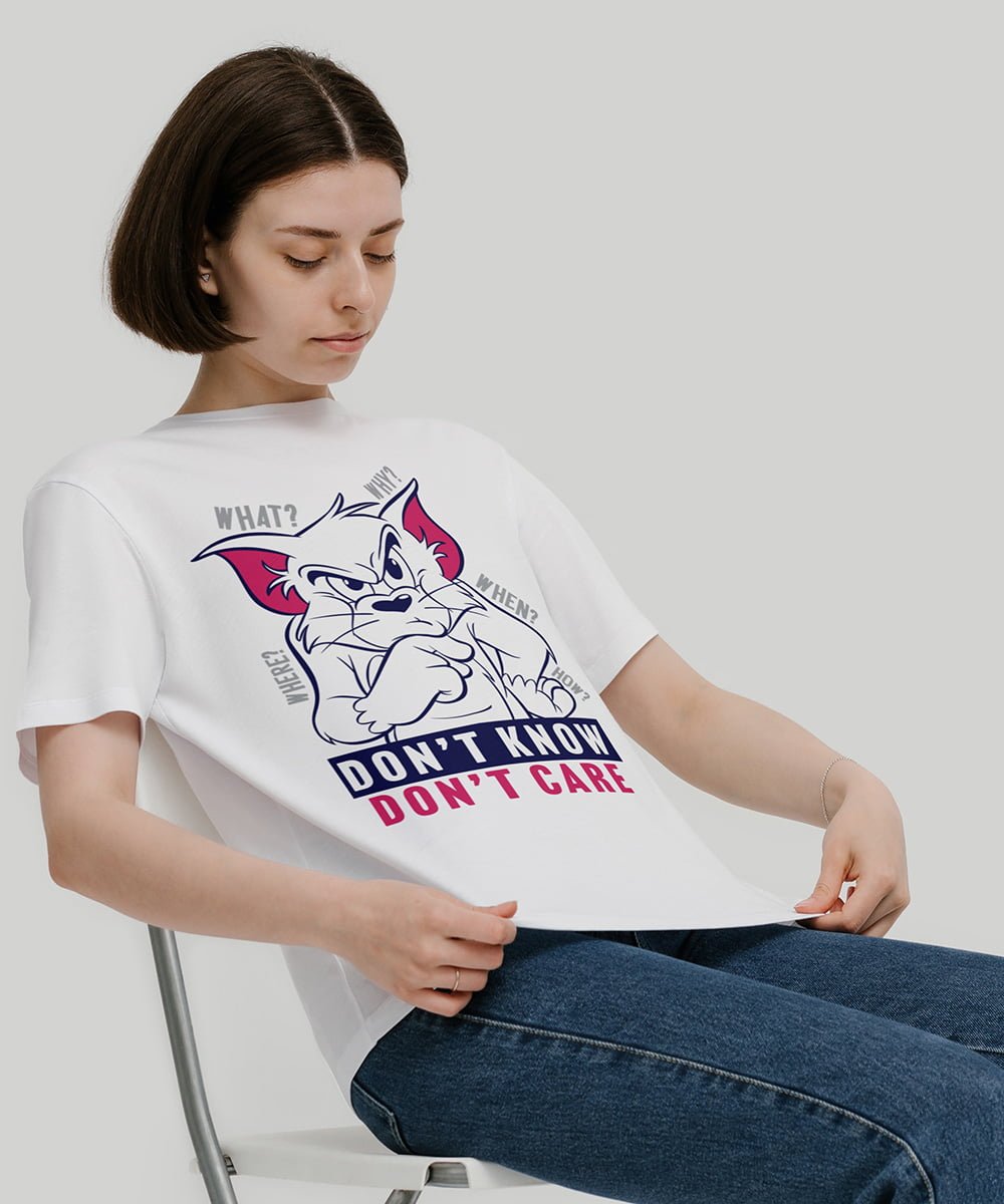 Shop for Cool T-shirt for women online in India. Official Tom and Jerry Merchandise Dont Know Dont Care T-shirt in India. White Half Sleeves T-shirt made using sustainable fabric for women