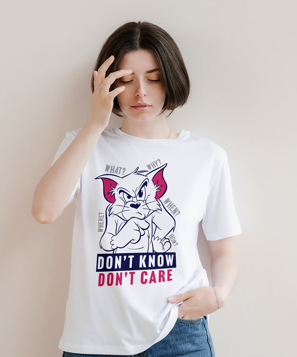 Buy Official Tom and Jerry T-shirts for women online in India. Dont Know Dont Care slogan t-shirt for girls. Tom graphic T-shirt online. White Tom and Jerry Printed T-shirt