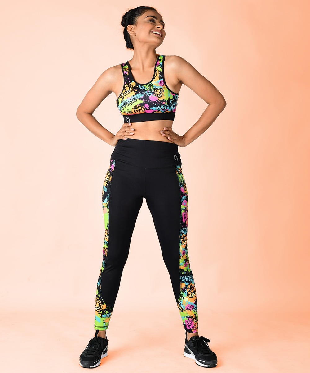 Buy Coord Sets for women online in India. Garfield Splash Coord Set with Printed Leggings with Pockets and Designer Sports Bra. Printed Tights for Yoga and Gym with Matching Top make this perfect activewear