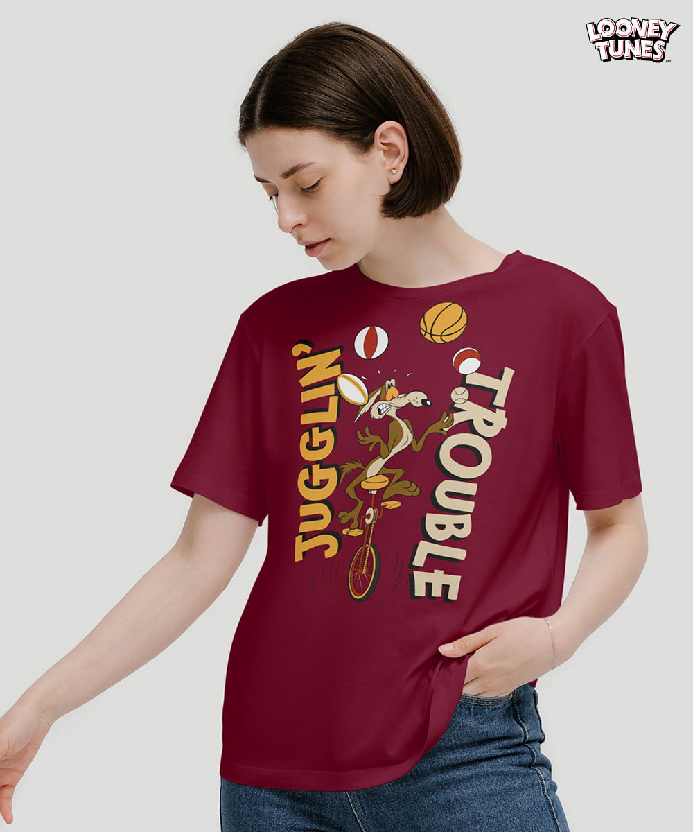 Buy cartoon t-shirts online in India at Athlizur. Shop for exclusive Official Looney Tunes T-shirts online. Maroon Organic Cotton T-shirt for women. Sustainable Fabric T-shirt with screen printing